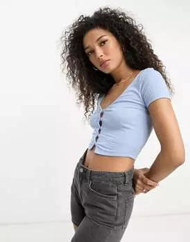 Укороченная футболка с v-образным вырезом в рубчик ASOS пыльно-синего цвета
