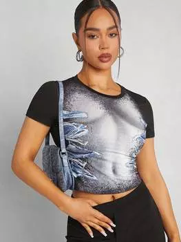 Укороченная футболка SHEIN Haute с графическим принтом «Тепловая карта тела», черный цвет