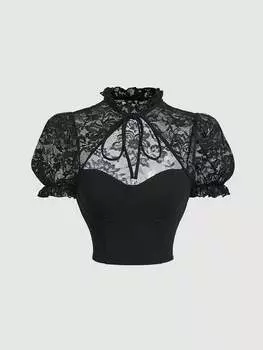 Укороченная футболка SHEIN MOD, контрастное кружево, завязывающийся воротник, рукава-фонарики, черный цвет