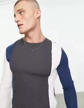 Укороченная футболка скинни с длинными рукавами ASOS DESIGN в рубчик колор-блок
