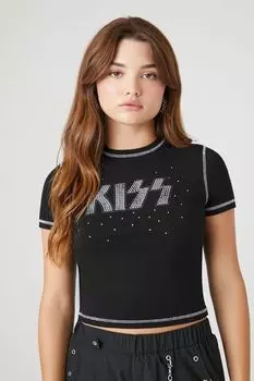 Укороченная футболка со стразами KISS и графическим рисунком Forever 21, черный
