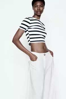 Укороченная футболка стрейч ZARA, черный/белый