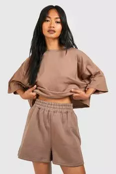 Укороченная футболка свободного кроя и короткий комплект boohoo, бежевый