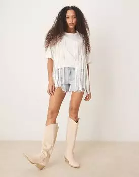 Укороченная футболка свободного кроя с бахромой от ASOS DESIGN кремового цвета