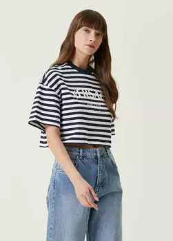 Укороченная футболка темно-синего цвета в белую полоску Versace