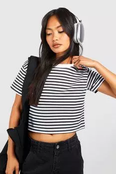 Укороченная футболка в коробкие полоски Boohoo, черный