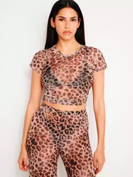 Укороченная футболка в сетку Good American, леопардовый принт