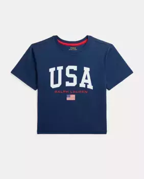 Укороченная хлопковая футболка для девочки темно-синего цвета Polo Ralph Lauren, темно-синий