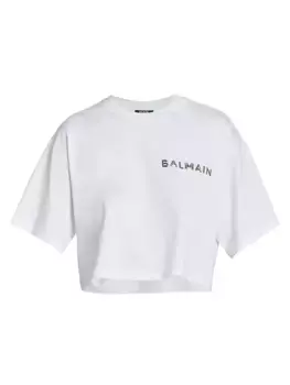 Укороченная хлопковая футболка с ламинированным логотипом Balmain, цвет white silver
