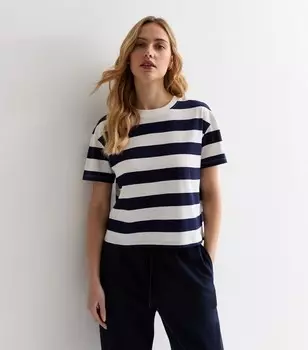 Укороченная хлопковая футболка свободного кроя с синей полоской New Look, синий
