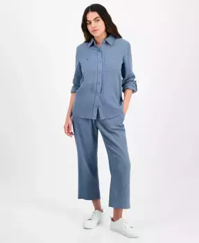 Укороченная хлопковая рубашка с отворотами и брюки на высокой посадке с поясом на резинке DKNY Jeans, синий