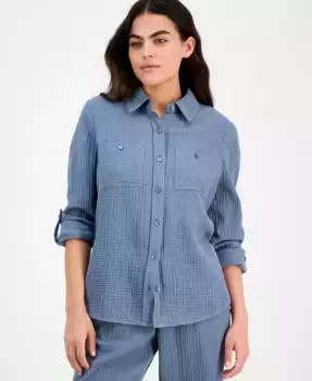 Укороченная хлопковая рубашка с подкатанными рукавами DKNY Jeans, серый