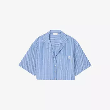 Укороченная хлопковая рубашка в полоску, украшенная стразами Sandro, синий