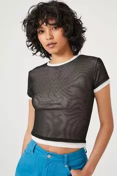 Укороченная комбинированная футболка в сетку Forever 21, черный