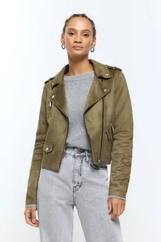 Укороченная косуха из искусственной замши River Island, зеленый