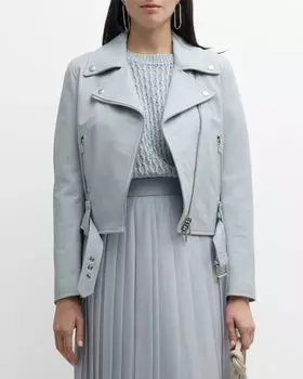 Укороченная кожаная байкерская куртка на молнии спереди Eleventy, цвет Baby Blue