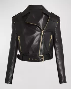Укороченная кожаная байкерская куртка с поясом на талии Balmain