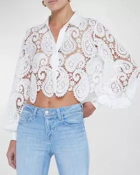 Укороченная кружевная блузка на пуговицах Odelia с узором пейсли L'Agence, цвет White
