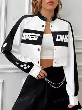 Укороченная куртка EZwear, графические буквы, боковые швы, рукава реглан Shein, черно-белый