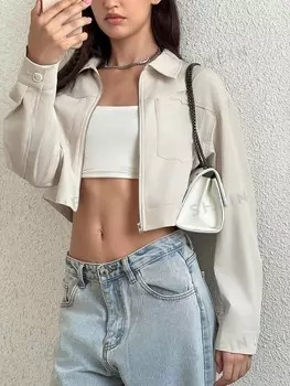 Укороченная куртка EZwear, застежка-молния, заниженная линия плеча Shein, кремовый/бежевый