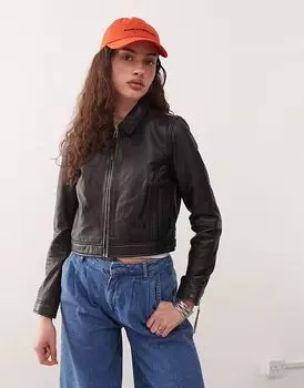 Укороченная куртка-харрингтон Barneys Originals из натуральной кожи черного цвета