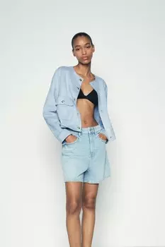 Укороченная куртка из искусственной замши ZARA, небесно-голубой