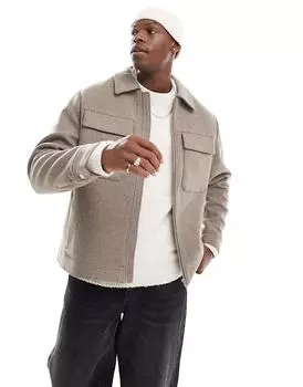 Укороченная куртка из смеси шерсти с карманами цвета мокко Jack & Jones