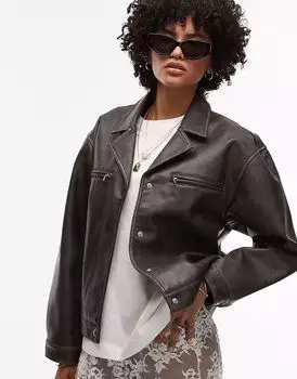 Укороченная куртка на пуговицах из искусственной кожи Topshop черного цвета