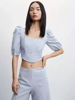 Укороченная льняная блузка Mango Daisy-H, пастельно-синий
