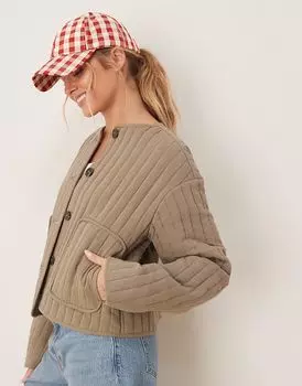 Укороченная льняная стеганая куртка без воротника цвета хаки от ASOS DESIGN
