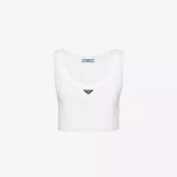 Укороченная майка из хлопкового джерси с бляшкой-логотипом Prada, белый