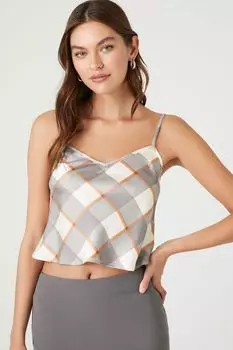 Укороченная майка в атласную клетку Forever 21, ванилла