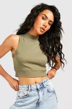 Укороченная майка в ребрицу с высоким горловием Boohoo, хаки