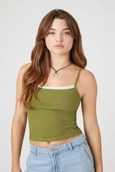 Укороченная майка в рубчик с кружевной отделкой Forever 21, оливковый