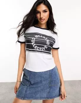 Укороченная однотонная футболка ASOS Weekend Collective с логотипом в виде штрих-кода