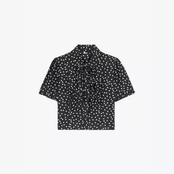Укороченная рубашка из хлопка и шелка с принтом в горошек и оборками The Kooples, черный