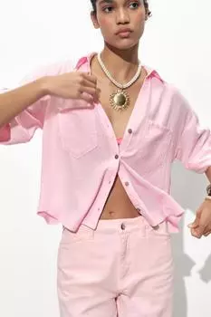 Укороченная рубашка из льняной смеси ZARA, розовый