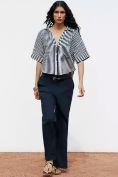 Укороченная рубашка из льняной смеси ZARA, цвет Blue/White