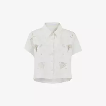 Укороченная рубашка из смесового хлопка с вышитыми вставками и короткими рукавами Leem, белый