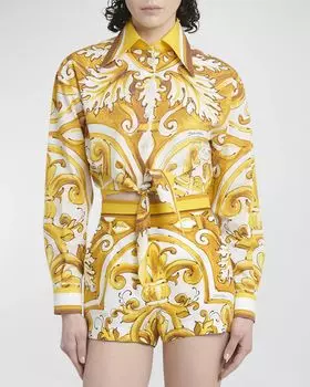 Укороченная рубашка на пуговицах с принтом Maiolica Brocade и пуговицами спереди Dolce&Gabbana, цвет Yellow Prt