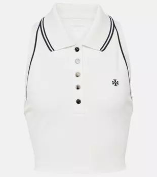 Укороченная рубашка-поло из пике с логотипом Tory Sport, белый