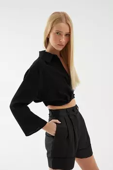Укороченная рубашка с эластичной резинкой на талии, черная QUZU