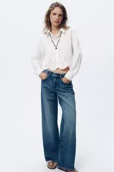 Укороченная рубашка с ажурной вышивкой ZARA, белый
