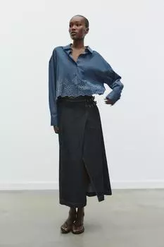 Укороченная рубашка с ажурной вышивкой ZARA, синий