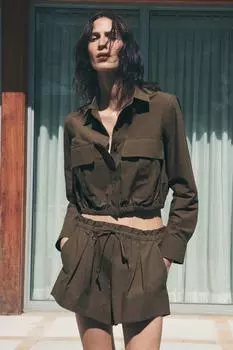 Укороченная рубашка с карманами ZARA, хаки