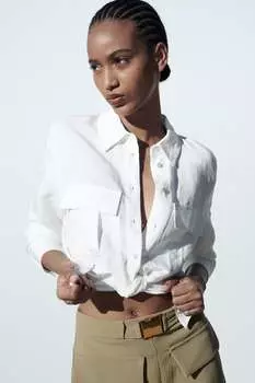 Укороченная рубашка с узелом ZARA, белый