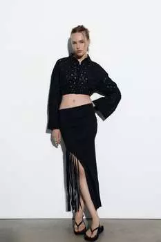 Укороченная рубашка с вышивкой ZARA, черный