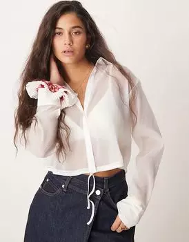 Укороченная рубашка с завязками на талии белого цвета New Look