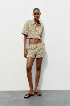 Укороченная рубашка с животным принтом ZARA, бежевый/коричневый
