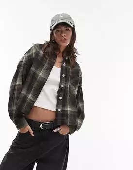 Укороченная рубашка свободного кроя в клетку с начесом Topshop